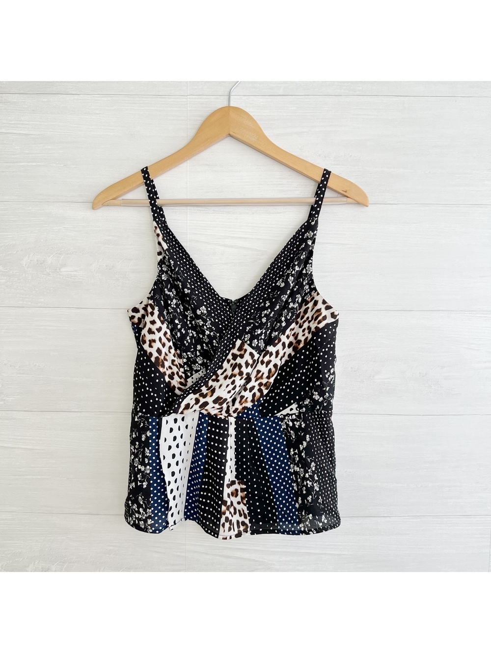 CAbi 3787 Crossover Cami Size 4 Leopard Floral Polka Dot Patchwork Peplum Top